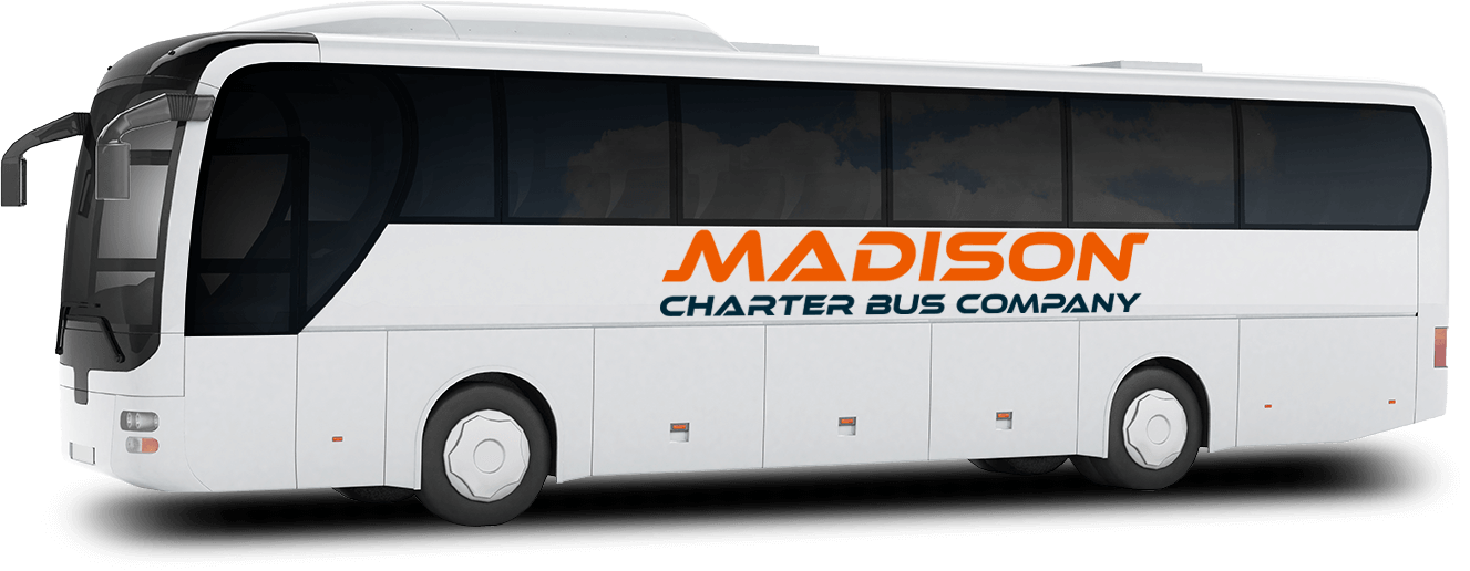 a plain white charter bus with a "Madison Charter Bus Company" logo